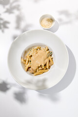 Obraz na płótnie Canvas Italian pasta penne with chicken and mushrooms in creamy sauce. Mushroom and chicken pasta on white plate with shadows of sunlight. Summer italian lunch Penne with mushroom sauce on light background