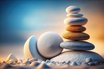 Stacked zen stones sand background art of balance. Illustration Generative AI - obrazy, fototapety, plakaty