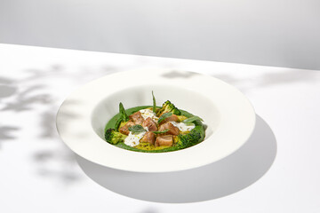Creative dish from roasted chicken and broccoli puree on white plate. Sliced baked chicken with vegetables and creamy espuma in summer menu.