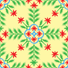 Seamless repeatable pattern. Leaves and flowers. Modern geometric Folk style. Colorful and smart graphic design. Vector EPS10. 
