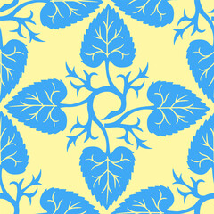 Seamless repeatable pattern. Leaves and flowers. Modern geometric Folk style. Colorful and smart graphic design. Vector EPS10. 