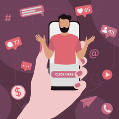 Refer a friend marketing concept. Man with a phone invites his friends to referral program.