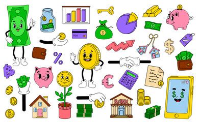 Financial literacy illustration. Money, finance, business, investment sticker pack. Big vector set of comic elements in trendy cartoon groovy style. Currency symbol