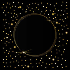 Golden frame on a black background with a reflection of light and twinkling stars. Premium welcome