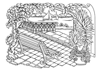 Romantic Secret Garden. Coloring Pages. River, bench, trees. Vector illustration.