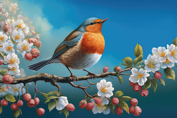 Beautiful bird perched on a flower branch in spring