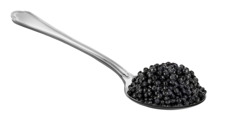 Spoon with black sturgeon caviar isolated. PNG transparency
