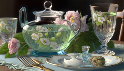 Obraz na płótnie Canvas a table with a glass teapot, teacup, and a plate with flowers on it and a glass teapot on the table. generative ai