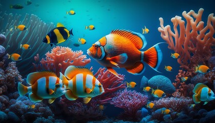 Tropical fish swimming through a coral reef - obrazy, fototapety, plakaty