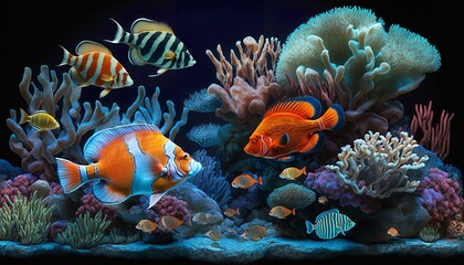 Naklejka na ściany i meble A vibrant reef tank with a variety of coral