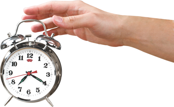 Man holding alarm clock in hand isolated on white background