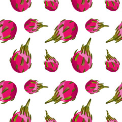 Exotic fruit seamless pattern with dragon fruit on dark background. Hand drawn summer tropic fruit texture. Vector fruit illustration. For textiles, clothing, bed linen, office supplies
