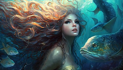 close up portrait of beautiful mermaid under water swimming with fish, Generative Ai © QuietWord