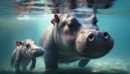A cute baby hippo playing in the water with its mother - obrazy, fototapety, plakaty