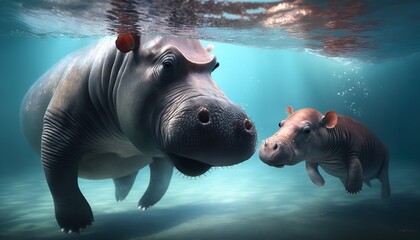 A cute baby hippo playing in the water with its mother