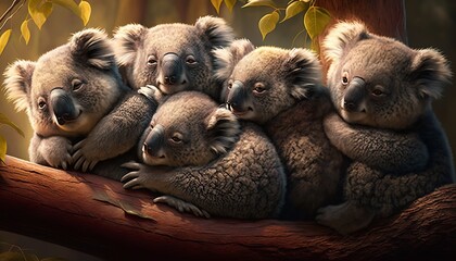 Fototapeta premium A group of koalas huddled together on a tree limb