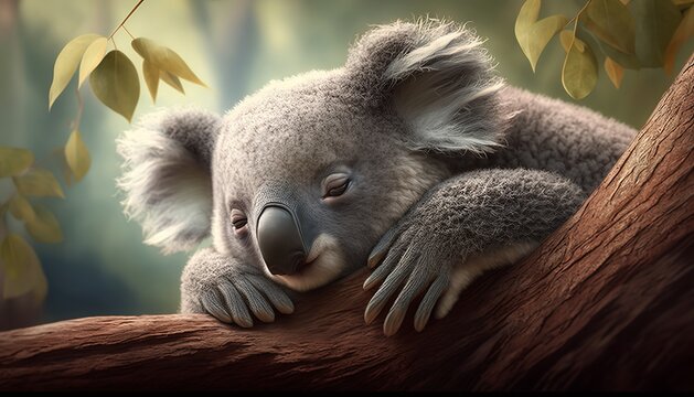 A Sleepy Koala Perched On A Tree Limb