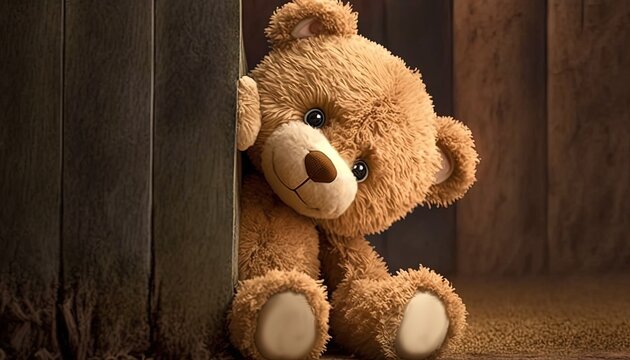 Naklejka happy teddy bear looking from behind the wooden wall, Generative Ai