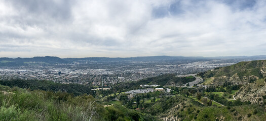 Mountaintop panoramic view of Burbank from Verdugo Mountains in Southern California