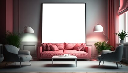 illustration of one mock-up wall decor frame is hanging in minimal style, empty frame in living room, Generative Ai