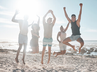 Friends group, jump and diversity at ocean with bonding, love or funny time with black man, women and happy. Young students vacation, spring break and summer sunshine for reunion, excited or exercise