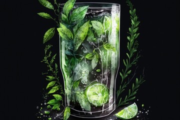 On a dark background, a tall glass of green tarragon lemonade garnished with lime slices and mint leaves sits. Generative AI