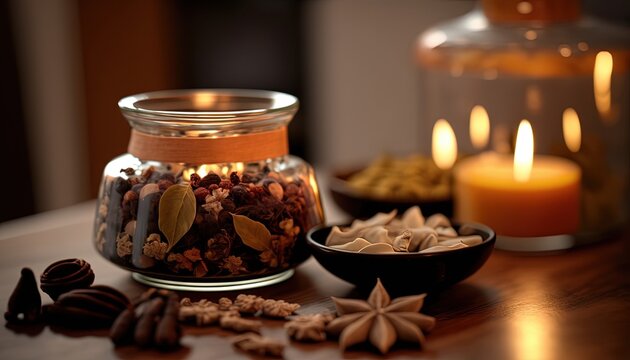 Home decoration, interior decor aromatic scent candle with potpourri for air and atmosphere refreshment, Generative Ai
