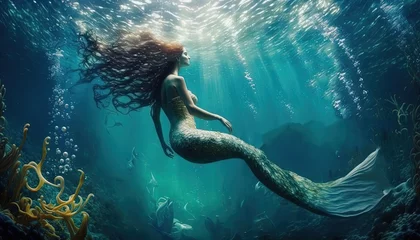 Foto op Plexiglas beautiful mermaid swimming under water with light shine trough water surface, Generative Ai © QuietWord