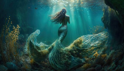 Fototapeta premium beautiful mermaid swimming under water with light shine trough water surface, Generative Ai