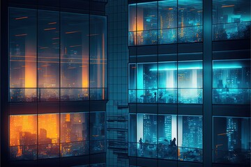 illustration abstract background of high building glass surface in urban city at night time, generative Ai