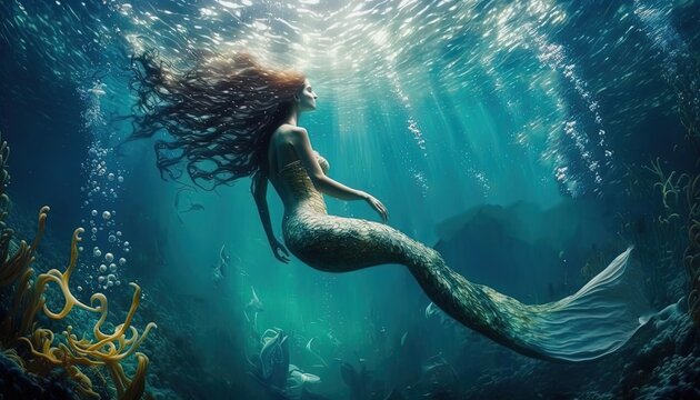 beautiful mermaid swimming under water with light shine trough water surface, Generative Ai