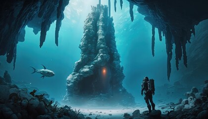 a man before stone pillar under water with light and fish around, underwater world scenery, Generative  Ai 