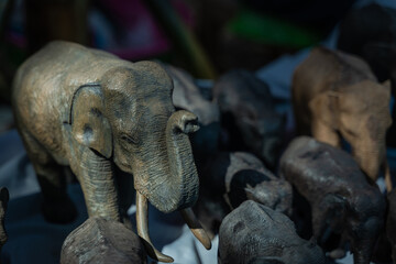 Beautiful woodcarving Elephant on the Wooden for decoration home or office as Antique Interior furniture for the vintage room. Asian craft Thai retro style.