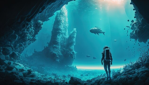 a man before stone pillar under water with light and fish around, underwater world scenery, Generative  Ai 