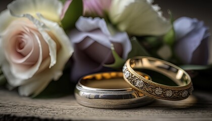 close up two rings with flower bouquet idea for romantic wedding theme, Generative Ai