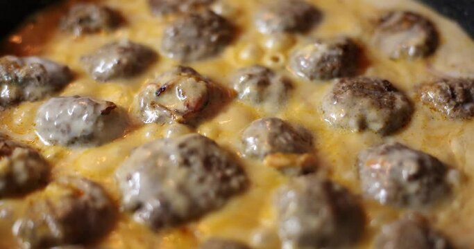 Cook meatballs from natural meat and spices in frying pan