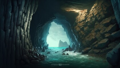 mystery water creek cave, underwater cave, idea for background wallpaper, Generative Ai