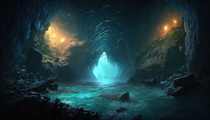 Obraz premium mystery water creek cave, underwater cave, idea for background wallpaper, Generative Ai
