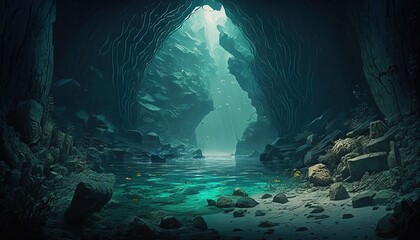mystery water creek cave, underwater cave, idea for background wallpaper, Generative Ai