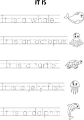 It is sentence for kids. Sea animals. Black and white worksheet.