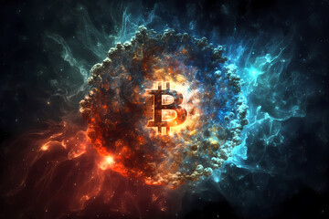 Golden bitcoin on dark universe background with sun blue light. Concept Blockchain, invest cryptocurrencies coin. Generation AI