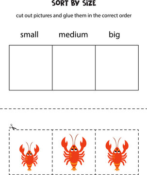 Sort red lobster by size. Educational worksheet for kids.