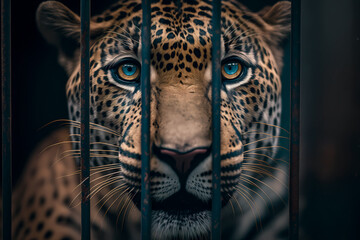 Portrait of leopard behind bars in lattice cage. Concept Unlawful smuggling of exotic animals, illegal zoo. Generation AI