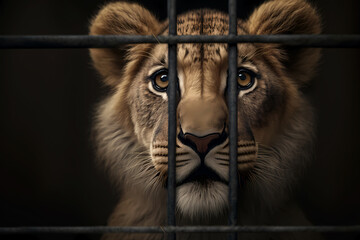 Concept Unlawful smuggling of exotic animals, illegal zoo. Portrait of small lion behind bars in lattice cage. Generation AI