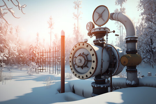 Gas and Oil Pipelines crane on winter landscape with snow, sun light. Generation AI