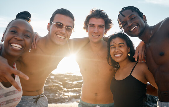 Friends, portrait or embrace on beach in group vacation, social gathering or sunset summer holiday in profile picture. Men, women or diversity people in hug, travel bonding or happy community support