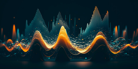 Abstract technology background, Network light effect, blue and orange color. Concept visualization of sound waves. Generation AI
