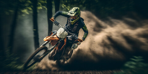 Naklejka na ściany i meble Banner Extreme motocross sport. Rider dirt biker Motocross riding in forest with dust. Generation AI