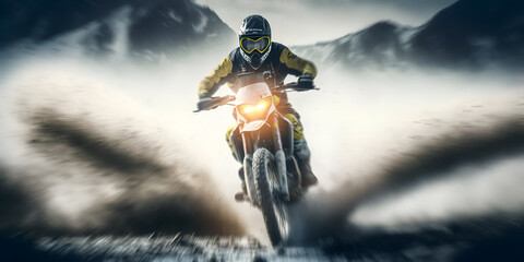 Fototapeta na wymiar Extreme motocross jump on bike, mountain background. Action photo banner. Generator AI