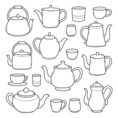 Teapot and cup doodle hand drawn objects sketch vector